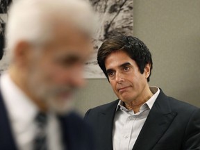 Illusionist David Copperfield appears in court Tuesday, April 24, 2018, in Las Vegas. Copperfield testified in a negligence lawsuit involving a British man who claims he was badly hurt when he fell while participating in a 2013 Las Vegas show.