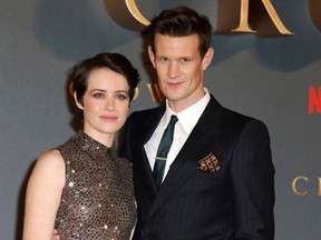 FILE - In this Nov. 21, 2017, file photo, actors Claire Foy, left, and Matt Smith pose at the premiere of season two of the Netflix series 'The Crown," in London. Smith said he supports fellow actor Claire Foy over the revelation that Foy was paid less than her male co-star in the Netflix drama.