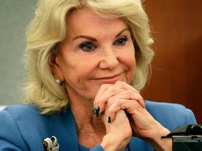 FILE - In this March 28, 2018, file photo, Elaine Wynn, ex-wife of Steve Wynn, listens during a hearing in Las Vegas. The ex-wife of Steve Wynn, who is also the biggest shareholder and co-founder of Wynn Resorts, is seeking to remove one of the company directors overseeing an internal investigation into sexual misconduct allegations against the casino magnate. Elaine Wynn said in a filing Monday, April 23, 2018, with U.S. regulators that John Hagenbuch is allied too closely with Steve Wynn.