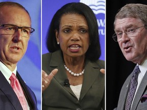 FILE - At left, in a July 10, 2018, file photo, Southeastern Conference Commissioner Greg Sankey speaks during the NCAA college football Southeastern Conference's annual media gathering in Hoover, Ala. Center, in an Oct. 19, 2017, file photo, former U.S. Secretary of State Condoleezza Rice participates in a panel discussion at a forum sponsored by the George W. Bush Institute in New York. At right, in an April 5, 2018, file photo, Atlantic Coast Conference Commissioner John Swofford speaks during a news conference in Charlotte, N.C. Commissioners of the Southeastern and Atlantic Coast conferences say they're confident that the committee led by Condoleeza Rice will reach "impactful" conclusions as it studies corruption in college basketball. (AP Photo/File)