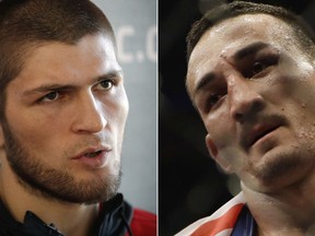 FILE - At left, in a March 2, 2017, file photo, Khabib Nurmagomedov, of Russia, speaks with the media during a news conference for UFC 209 in Las Vegas. At right, in a June 4, 2017, file photo, Max Holloway is shown after defeating Jose Aldo in a UFC featherweight mixed martial arts bout in Rio de Janeiro, Brazil. The UFC 223 main event of Nurmagomedov vs. Holloway will be for the lightweight championship on Saturday, April 7, 2018. Both fighters have plenty to prove in New York. (AP Photo/File)
