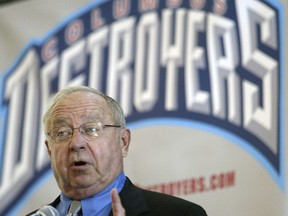 CORRECTS TO EARLE, NOT EARL AS ORIGINALLY SENT - FILE - In this Sept. 25, 2003, file photo, Earle Bruce speaks to the media, announcing that the Buffalo Destroyers will be moving to Columbus and Bruce will be the head coach, during a news conference in Columbus, Ohio. Former Ohio State football coach Earle Bruce has died at his home in central Ohio. The College Football Hall of Fame member was 87. His four daughters released a statement Friday, April 20, 2018, on the loss of "a wonderful husband, father, grandfather and a respected coach to many."