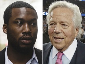 FILE - At left, in a Nov. 6, 2017, file photo, rapper Meek Mill arrives at the criminal justice center in Philadelphia. At right, in a Jan. 21, 2018, file photo, New England Patriots owner Robert Kraft leaves the field after the Patriots defeated the Jacksonville Jaguars in the AFC Championship in Foxborough, Mass. Patriots owner Robert Kraft is calling for reform of the criminal justice system after visiting rapper Meek Mill in a Pennsylvania prison. Kraft and Philadelphia 76ers co-owner Michael Rubin visited the Philadelphia-born rapper on Tuesday, April 10, 2018. (AP Photo/File)
