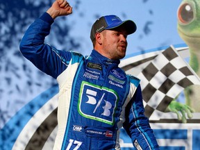 FILE - In this May 7, 2017, file photo, Ricky Stenhouse Jr. celebrates after winning the Geico 500 NASCAR Monster Cup series  auto race at Talladega Superspeedway, in Talladega, Ala. Stenhouse Jr. returns to Talladega where he got his first Cup series win last spring, hoping to rebound from a slow start.