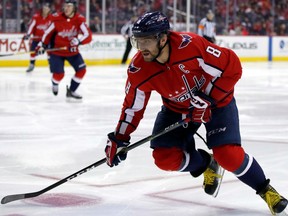 FILE - In this Feb. 4, 2018, file photo, Washington Capitals left wing Alex Ovechkin (8), from Russia, skates in the second period of an NHL hockey game against the Vegas Golden Knights, in Washington. Ovechkin's 49 goals led the league for the seventh time. Game 1 of the Capitals and Columbus Blue Jackets first found playoff series is Thursday, April 12, 2018.