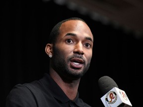 FILE - In this March 15, 2018, file photo, newly signed Washington Redskins wide receiver Paul Richardson Jr. speaks during the NFL football team's news conference in Ashburn, Va. Virginia State Police won't release video of a traffic stop involving a Washington Redskins wide receiver who said a state trooper asked if he was a gang member or drug dealer. Paul Richardson Jr.'s tweets about the questions he was asked during a Tuesday traffic stop prompted an internal review by state police. The department said Friday, April 27, 2018, that it was declining a public records request by The Associated Press for video taken from the trooper's in-car camera.