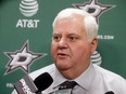 FILE - In this Feb. 11, 2018, file photo, Dallas Stars head coach Ken Hitchcock talks to the media prior to an NHL hockey game against the Vancouver Canucks, in Dallas. Stars coach Ken Hitchcock is retiring, ending a 22-year career as the third-winningest coach in NHL history. Hitchcock will become a consultant for the team he led to its only Stanley Cup championship in 1999.