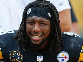 FILE - In this Sept. 17, 2017, file photo, Pittsburgh Steelers outside linebacker Bud Dupree (48)smiles on the sideline during an NFL football game against the Minnesota Vikings, in Pittsburgh.  The Steelers have exercised the fifth-year option on outside linebacker Bud Dupree. The Steelers made the announcement on Monday, April 23, 2018, three days before the start of the draft. The move will keep the 24-year-old Dupree under contract for the 2019 season.