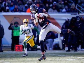 FILE - In this Dec. 18, 2016, file photo, Chicago Bears wide receiver Cameron Meredith (81) makes a catch during the first half of an NFL football game against the Green Bay Packers in Chicago. Saints coach Sean Payton says restricted free agent receiver Cameron Meredith is joining the team. Meredith's agent, Cliff Brady, says the Bears declined to match a two-year offer worth about $10 million that Meredith signed with New Orleans.