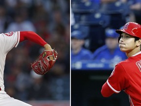 FILE - At left, in an April 17, 2018, file photo, Los Angeles Angels starting pitcher Shohei Ohtani throws against the Boston Red Sox during the first inning of a baseball game, in Anaheim, Calif. At right, in an April 13, 2018, file photo, Angels' Shohei Ohtani hits a double during the second inning of a baseball game against the Kansas City Royals, in Kansas City, Mo. Former major-leaguers such as Dave Winfield, Todd Helton and Mark Kotsay were great pitchers and hitters as collegians but had to give up dual roles to be position players as pros. With the hubbub over Japanese two-way sensation Shohei Ohtani, Louisville coach Dan McDonnell says the time has come for collegians excelling as pitchers and hitters to get more opportunities to do both as professionals. (AP Photo/File)