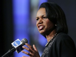 FILE - In this Jan. 14, 2016, file photo, former Secretary of State Condoleeza Rice speaks during a luncheon at the NCAA Convention in San Antonio. College basketball spent an entire season operating amid a federal corruption investigation that magnified long-simmering problems within the sport, from unethical agent conduct to concerns over the "one-and-done" model. On Wednesday morning, April 25, 2018, the commission headed by Condoleezza Rice will present its proposed reforms to university presidents of the NCAA Board of Governors and the Division I Board of Directors at the NCAA headquarters in Indianapolis.