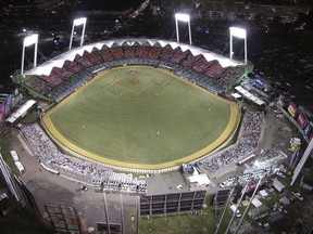 FILE - In this Feb. 6, 2015, file photo, Puerto Rico plays Dominican Republic at the Caribbean Series baseball tournament at Hiram Bithorn Stadium in San Juan, Puerto Rico. The Cleveland Indians and Minnesota Twins play baseball in San Juan on April 17-18.