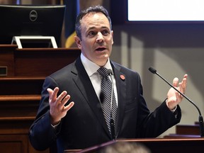 FILE - In this Jan. 16, 2018, file photo, Kentucky Gov. Matt Bevin speaks to a joint session of the General Assembly at the Capitol, in Frankfort, Ky. Bevin apologized Sunday, April 15, for saying that children were sexually abused because they were left home alone while teachers rallied to ask lawmakers to override his vetoes. The Republican issued his apology in a nearly four-minute video posted online, saying "it is not my intent to hurt anybody in this process, but to help us all move forward together."