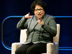 FILE - In this Feb. 7, 2018, file photo, Supreme Court Justice Sonia Sotomayor speaks during an appearance at Brown University in Providence, R.I. The Supreme Court said Sotomayor broke her right shoulder in a fall at her Washington home. The court says she will wear a sling for several weeks and undergo physical therapy.