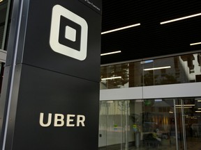FILE - This June 21, 2017, file photo shows the building that houses the headquarters of Uber, in San Francisco. Uber will start doing annual criminal background checks on U.S. drivers and hire a company that constantly monitors criminal arrests as it tries to do a better job of keeping riders safe, the company announced Thursday, April 12, 2018.