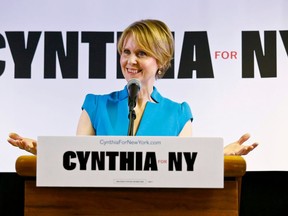 FILE - In this March 20, 2018, file photo, New York candidate for governor Cynthia Nixon speaks during her first campaign stop after announcing she would challenge New York Gov. In an interview with The Associated Press, the "Sex and the City" star explained her decision to challenge New York Gov. Andrew Cuomo in the Democratic primary. The New York native and longtime education activist said Cuomo has failed to fight corruption, fix New York City's subways or address inequalities in schools.