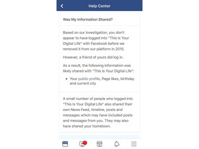 This image made from an iPhone shows a notification on the Facebook app on Tuesday, April 10, 2018, in Atlanta. Facebook said it would begin notifying users Monday if their data has been swept up in the Cambridge Analytica scandal.