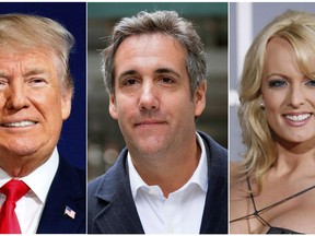 This combination photo shows, from left, President Donald Trump, attorney Michael Cohen and adult film actress Stormy Daniels. Cohen has been ordered to appear  in federal court in New York, Monday, April 16, 2018, for arguments over last week's raid of his home and office. The raid sought information on a $130,000 payment made to porn actress Stormy Daniels, who alleges she had sex with a married Trump in 2006. (AP Photo)
