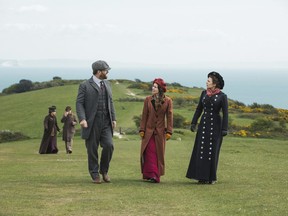 This image released by Starz shows Matthew MacFadyen, from left, Philippa Coulthard and Hayley Atwell in a scene from the four-part miniseries, "Howards End," written by Academy Award winner Kenneth Lonergan. The miniseries, based on E.M. Forster's classic novel, premieres on Sunday.