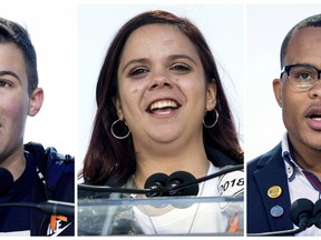 This combination photo shows Marjory Stoneman Douglas High School students, from left, Cameron Kasky and Samantha Fuentes, and Zion Kelly, of Washington, who lost his twin brother Zaire to gun violence in the nation's capital in 2017,  during the "March for Our Lives" rally in support of gun control in Washington on March 24, 2018. The three activists will be honored at next month's PEN America gala on May 22 in New York.