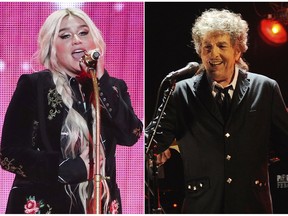 This combination photo shows singers Kesha, left, and Bob Dylan, who have reimagined songs to honor the LGBTQ community, for the six-song album, "Universal Love," released digitally Thursday. (AP Photo)