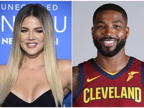 This combination photo shows television personality Khloe Kardashian at the NBCUniversal Network 2017 Upfront at Radio City Music Hall in New York on May 15, 2017, left, and Cleveland Cavaliers' Tristan Thompson at the NBA basketball team media day in Independence, Ohio, on Sept. 25, 2017. Various outlets have reported that the 33-year-old reality star has given birth to a baby girl, but her reps have not commented. Kardashian was expecting the baby with Thompson. The birth comes amid a torrent of tabloid speculation about the couple after surveillance video showed the basketball star with other women. There has been no comment from either Kardashian or Thompson on the matter. (AP Photo)
