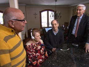 This image released by CBSNews/60Minutes shows Mike Daly, from left, his wife Carol Daly, social worker Dan Cohen and CBS News chief medical correspondent Dr. Jon LaPook. LaPook followed Alzheimer's patient Carol Daly and her caregiver husband for 10 years in an unprecedented report that shows future sufferers and their caregivers what they may face on "60 Minutes," airing Sunday, April 22, on CBS. (CBSNews/60Minutes via AP)