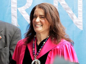 FILE - In this May 12, 2012 file photo, then Barnard College President Debora L. Spar appears during a commencement ceremony in New York. Spar, the new president of Lincoln Center, has quit after just a year on the job. She took over as head of the performing arts center in March 2017 after nine years as president of Barnard College.