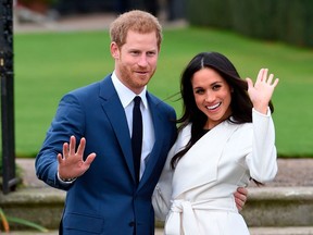 FILE - In this Nov. 27, 2017 file photo, engaged couple Britain's Prince Harry, left, and Meghan Markle pose for the media at Kensington Palace in London. The wedding of Prince Harry and Meghan Markle comes with a world of etiquette and protocol for guests. While the upper crust among them may be well initiated, newbies from Hollywood could be attending their first royal affair. The royal nuptials will take place on Saturday, May 19.