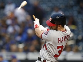 Washington Nationals' Bryce Harper hits a solo home run in the first inning of a baseball game against the New York Mets, Monday, April 16, 2018, in New York.