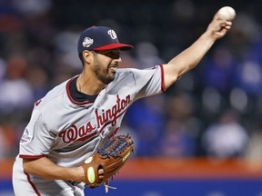 Washington Nationals starting pitcher Gio Gonzalez delivers during the first inning of the team's baseball game against the New York Mets, Tuesday, April 17, 2018, in New York.