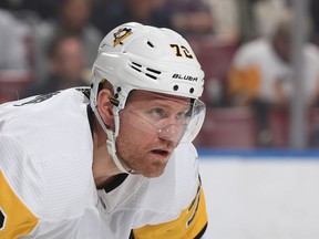 In this Feb. 24, 2018 photo, Pittsburgh Penguins right wing Patric Hornqvist (72) prepares for a face-off during the first period of an NHL hockey game against the Florida Panthers in Sunrise, Fla. Hornqvist scored a career-high 29 times this season, most of them coming in the "dirty" area in front of the net. Hornqvist and other players who make their living in front of the net can be difference makers in the Stanley Cup playoffs, where grit is as valuable a commodity as grace.