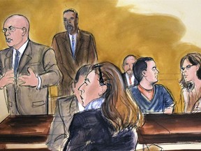 In this courtroom drawing, notorious Mexican drug lord Joaquin "El Chapo" Guzman, second from right, looks in the direction of his wife (not pictured) in the audience as his defense attorney Eduardo Balarezo, left, speaks in federal court where he said his client's mental health is deteriorating, Tuesday, April 17, 2018, in New York. Guzman claims because of the conditions in prison, and being held in solitary, he's suffered headaches, memory-loss and other maladies. From left, in foreground, are Balarezo, Assistant US Attorney Andrea Goldfarb, Guzman and a translator. Behind Guzman are two US marshals.