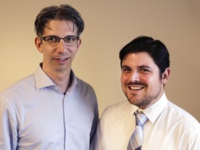 Associated Press staffers Howie Rumberg, left, and Oskar Garcia pose for a photograph Tuesday, April 17, 2018, in New York, after they were named deputy sports editors for newsgathering and storytelling at the AP. Rumberg and Garcia will oversee a team of more than 100 journalists reporting and editing sports news in all media formats across the world. They will direct coverage of breaking news, planned events and enterprise and will lead efforts to integrate new techniques into the core work of developing and presenting distinctive stories to AP customers and emerging audiences.
