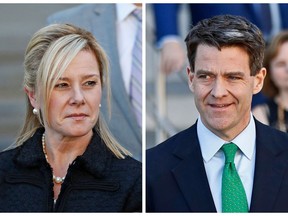 FILE - This combination of March 29, 2017, file photos shows Bridget Kelly, left, and Bill Baroni leaving federal court after sentencing in Newark, N.J. Attorneys for Kelly and Baroni are scheduled to argue in court, Tuesday, April 24, 2018, in Philadelphia, to try and convince a federal appeals court their clients' convictions in the George Washington Bridge lane-closing case should be reversed.