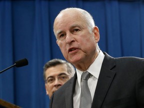FILE - In this Wednesday, March 7, 2018, file photo, California Gov. Jerry Brown speaks during a news conference in Sacramento, Calif. A week after Southern California's largest water agency abandoned a plan to pay for much of the state's ambitious water project, the funding proposal will be debated again. On Monday, April 9, 2018, Brown sent a letter urging the Metropolitan Water District board to back a two-tunnel plan, which he's been supporting for years.