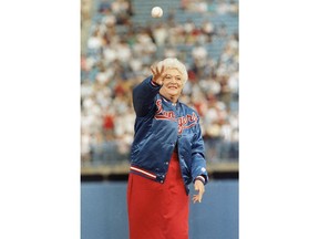 FILE - In this May 5, 1989, file photo, first lady Barbara Bush throws out the first pitch before the start of the Texas Rangers game against the New York Yankees in Arlington, Texas. A family spokesman said Tuesday, April 17, 2018, that former first lady Barbara Bush has died at the age of 92.