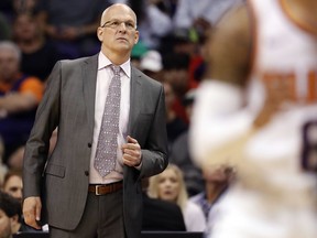 FILE - In this Tuesday, April 3, 2018, file photo, Phoenix Suns head coach Jay Triano watches a shot during the second half of an NBA basketball game against the Sacramento Kings, in Phoenix. A person with knowledge of the situation says Triano is not among a "handful" of remaining candidates for the Phoenix Suns coaching job.