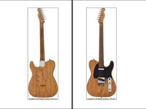 This undated photo provided by Heritage Auctions shows an electric guitar Stevie Ray Vaughan was given as a youth by his brother. The guitar is expected to sell for about $400,000 at auction in their hometown of Dallas. Heritage Auctions will offer the 1951 Fender guitar Sunday, April 15, 2018, and Vaughan biographer Craig Hopkins says the guitar has "considerable historical significance," noting Vaughan "pretty much learned his craft on" the guitar. Hopkins said it was Vaughan's first professional-grade guitar and was played in his first studio recording.