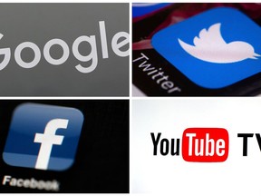 This photo combo of images shows, clockwise, from upper left: a Google sign, the Twitter app, YouTube TV logo and the Facebook app. Facebook has taken the lion's share of scrutiny from Congress and the media for its data-handling practices that allow savvy marketers and political agents to target specific audiences, but it's far from alone. YouTube, Google and Twitter also have giant platforms awash in more videos, posts and pages than any set of human eyes could ever check. Their methods of serving ads against this sea of content may come under the microscope next.  (AP Photo)