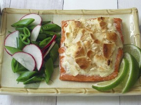 April 23, 2018 photo shows wasabi cracker salmon in New York. This dish is from a recipe by Sara Moulton.