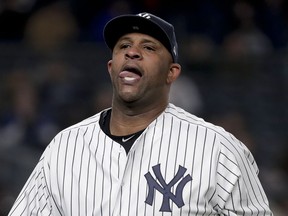 New York Yankees pitcher CC Sabathia walks off the field at the end of the top of the fourth inning of a baseball game against the Toronto Blue Jays, Thursday, April 19, 2018, in New York.