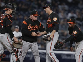 Baltimore Orioles pitcher Kevin Gausman (34) is relieved from the game by manager Buck Showalter during the sixth inning of a baseball game against the New York Yankees, Friday, April 6, 2018, in New York.