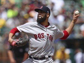 Boston Red Sox pitcher David Price works against the Oakland Athletics during the first inning of a baseball game Sunday, April 22, 2018, in Oakland, Calif.