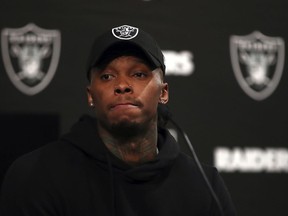 Oakland Raiders first-round draft pick Martavis Bryant listens to a reporter's question during an NFL football media conference Friday, April 27, 2018, in Alameda, Calif.