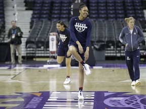 Connecticut's Azura Stevens stretches during a practice session for the women's NCAA Final Four college basketball tournament, Thursday, March 29, 2018, in Columbus, Ohio. UConn plays Notre Dame on Friday.