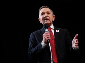 FILE - In this April 10, 2018, file photo, former U.S. Rep. Dennis Kucinich, of Ohio speaks during the Ohio Democratic Party's fifth debate in the primary race for governor at Miami (OH) University's Middletown campus in Middletown, Ohio. Kucinich is returning a $20,000 speaking fee he received last year from a group sympathetic to Syrian President Bashar Assad. The Democratic candidate for Ohio governor announced his decision in a letter sent Thursday, April 26, 2018, to The Plain Dealer.