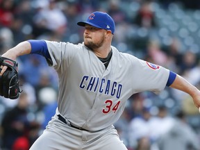 Chicago Cubs starting pitcher Jon Lester delivers against the Cleveland Indians during the first inning in a baseball game Wednesday, April 25, 2018, in Cleveland.