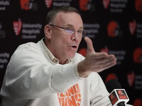 Cleveland Browns general manager John Dorsey answers questions about the draft during a news conference at the NFL football team's training camp facility, Thursday, April 19, 2018, in Berea, Ohio.