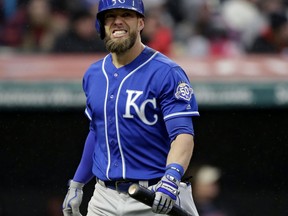 Kansas City Royals' Alex Gordon reacts after striking out to Cleveland Indians relief pitcher Cody Allen during the ninth inning of a baseball game Friday, April 6, 2018, in Cleveland. The Indians won 3-2.